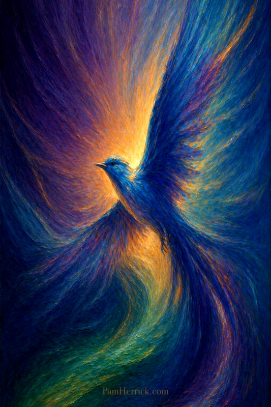Painting of a blue bird flying through currents of colour