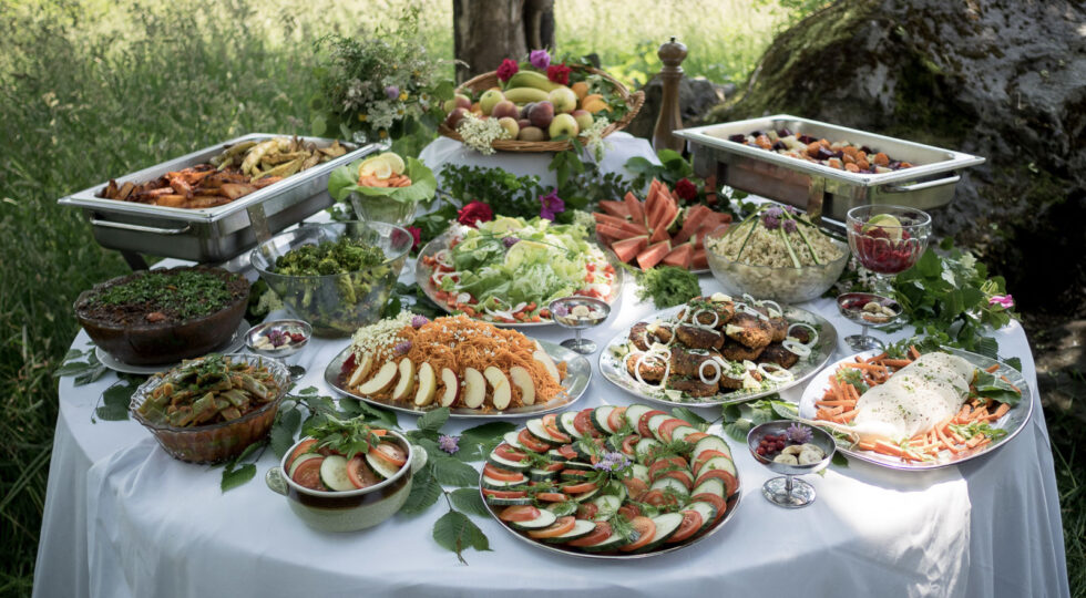 An abundant organic buffet laid out under the trees