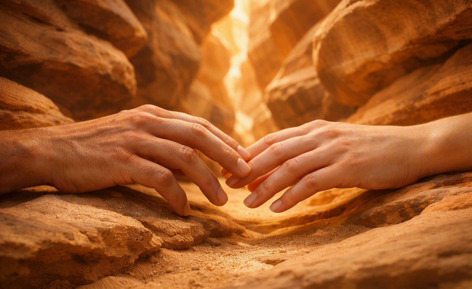 Two hands reaching toward each other across warm sunlit canyon rock